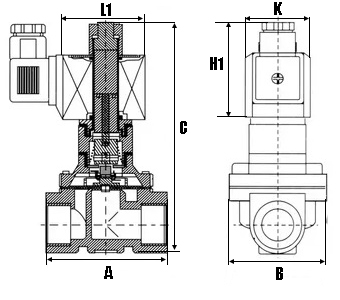 Клапан электромагнитный соленоидный двухходовой DN.ru-DHD31-NO-S пилотного действия (НО) Ду40-40 (1 1/2 дюйм), Ру13 резьба G, корпус - сталь 316, уплотнение - VITON, с катушкой 0545A 220В
