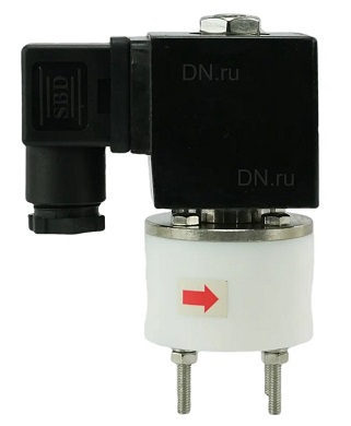 Клапан электромагнитный соленоидный двухходовой DN.ru-DHF11-40 (НО), Ду40 (1 1/2 дюйм) Ру1 корпус - PTFE с антикоррозийным покрытием, уплотнение - VITON, резьба G, с катушкой 220В
