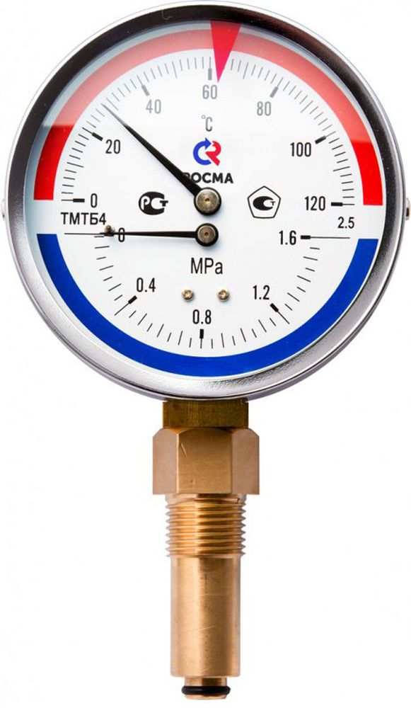 Термоманометр Росма ТМТБ-41Р.3 (0-120С) (0-1MПa) G1/2 2,5, корпус 100мм, тип - ТМТБ-41Р.3, длина клапана 100мм,  до 120°С, радиальное присоединение, 0-1MПa, резьба G1/2, класс точности 2.5