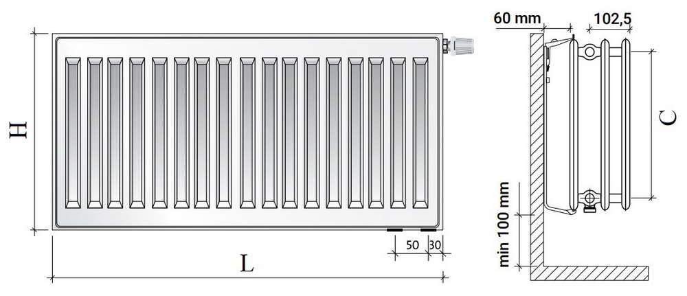 Радиаторы панельные Royal Thermo VENTIL HYGIENE VH30 0.957-7.176 кВт настенные, высота - 600 мм, ширина 400-3000 мм, количество панелей - 3, присоединение резьбовое - 1/2″, подключение - нижнее (левое-правое), стальные, цвет - RAL 9016