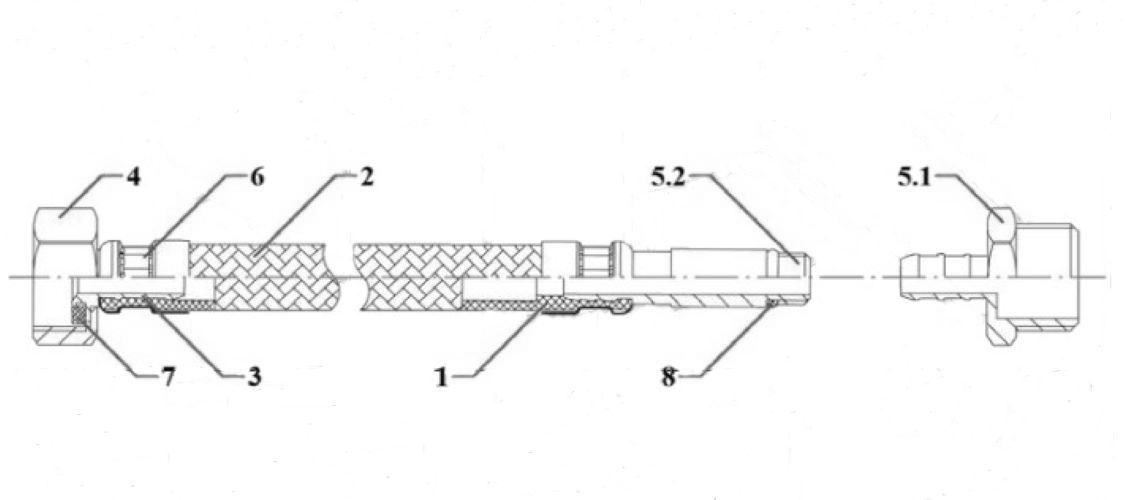 Гибкая подводка для воды AQUALINE Ру10 со стальной накидной гайкой 1/2″ и латунным штуцером с резьбой 1/2″, корпус - нержавеющая оплетка, длина - 0.8м, гайка-штуцер, резьба внутренняя-наружная
