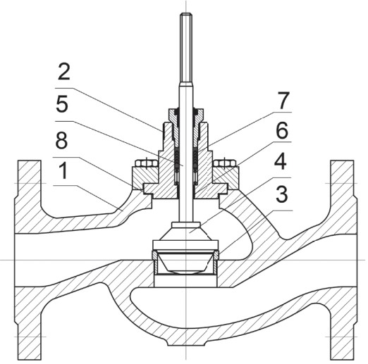 Клапан регулирующий АСТА Р113-CM-1 Ду15 Ру16, фланцевый неразгруженный, корпус – серый чугун, Тmax=220°C, с пневмоприводом ППМ350 (0.8-2.4)