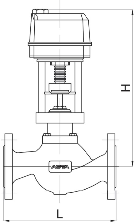Клапан регулирующий АСТА Р123-CM-2 Ду100 Ру16, фланцевый разгруженный, корпус – высокопрочный чугун, Тmax=220°C, с пневмоприводом ППМ560 (0.8-2.4) и ЭПП121 (4-20 мА)