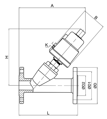 Клапан запорно-регулирующий АСТА Р12 Ду25 Ру16 нормально закрытый, фланцевый, с нержавеющим пневмоприводом ППП-63, Kvs=18,0 м3/ч, Т=220°С