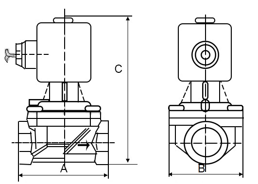 Клапан электромагнитный соленоидный двухходовой DN.ru-VS2W-701 P-Z-NC Ду50 (2 дюйм) Ру10 с нулевым перепадом давления, нормально закрытый, корпус - сталь 304, уплотнение - PTFE, резьба G, с катушкой YS-018 24В