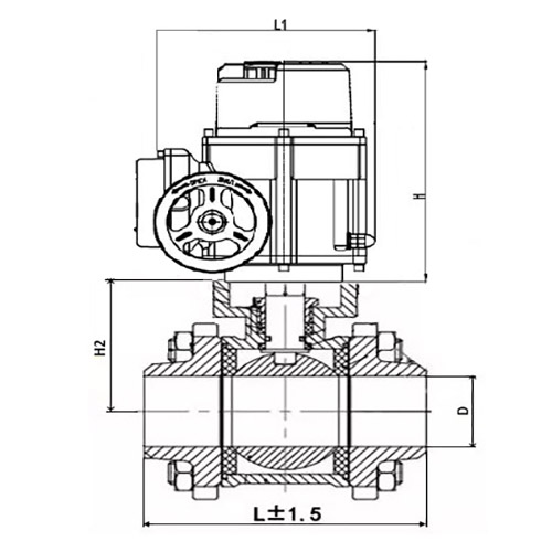 Кран шаровой DN.ru КШПП 316.200-ISO Ду40 Ру63 SS316 полнопроходной под приварку, корпус - нержавеющая сталь с 1/4-оборотным электроприводом DN.ru QT-W (M) EX-005 220В