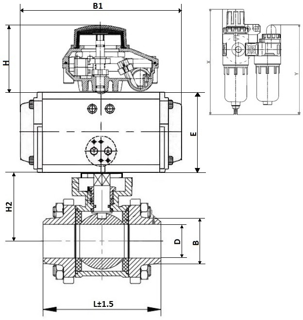 Кран шаровой DN.ru КШПП 316.200-ISO Ду65 Ру63 полнопроходной, нержавеющая сталь SS316, под приварку, с пневмоприводом DN.ru SA-105, пневмораспределителем 4V320-08 AC220V, БКВ APL-210N и БПВ AFC2000