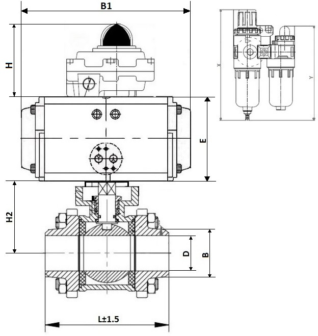 Кран шаровой DN.ru КШПП 316.200-ISO Ду65 Ру63 полнопроходной, нержавеющая сталь SS316, под приварку, с пневмоприводом DN.ru DA-083, пневмораспределителем 4V320-08 AC220V, БКВ APL-410N EX и БПВ AFC2000