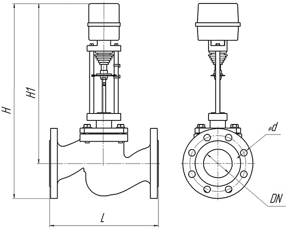 Клапан регулирующий двухходовой DN.ru 25ч945п Ду20 Ру16 Kvs4, серый чугун СЧ20, фланцевый, Tmax до 150°С с электроприводом DAV 1500 - 220B