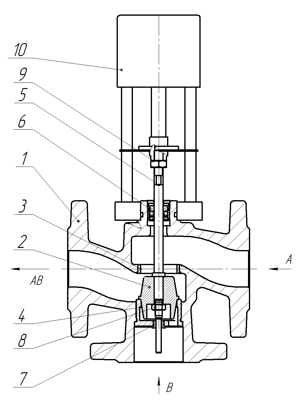 Клапан регулирующий трехходовой смесительный КССР серии 100 Ду15 Ру16 Kvs4 серый чугун СЧ20, фланцевый, Tmax до 150°С с электроприводом Катрабел TW-500-XD220