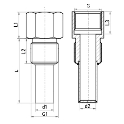 Гильза для термометра Росма БТ серии 220, Китай, L=46 Дн14 Ру250, нержавеющая сталь, внутренняя/наружная резьба G1/2″–G1/2″