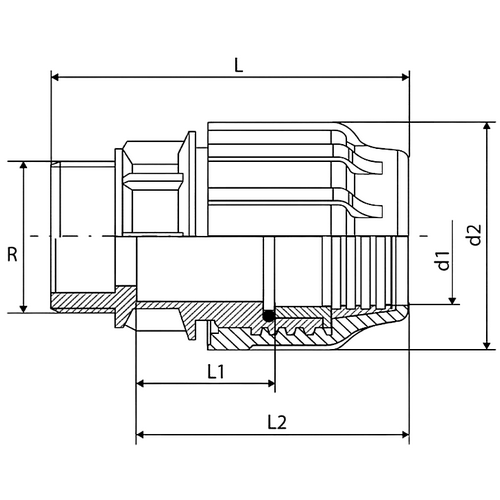 Муфта ТПК-АКВА Дн63х2″ Ру16 соединительная для ПНД труб, материал - полиэтилен, присоединение - компрессионное / наружная резьба